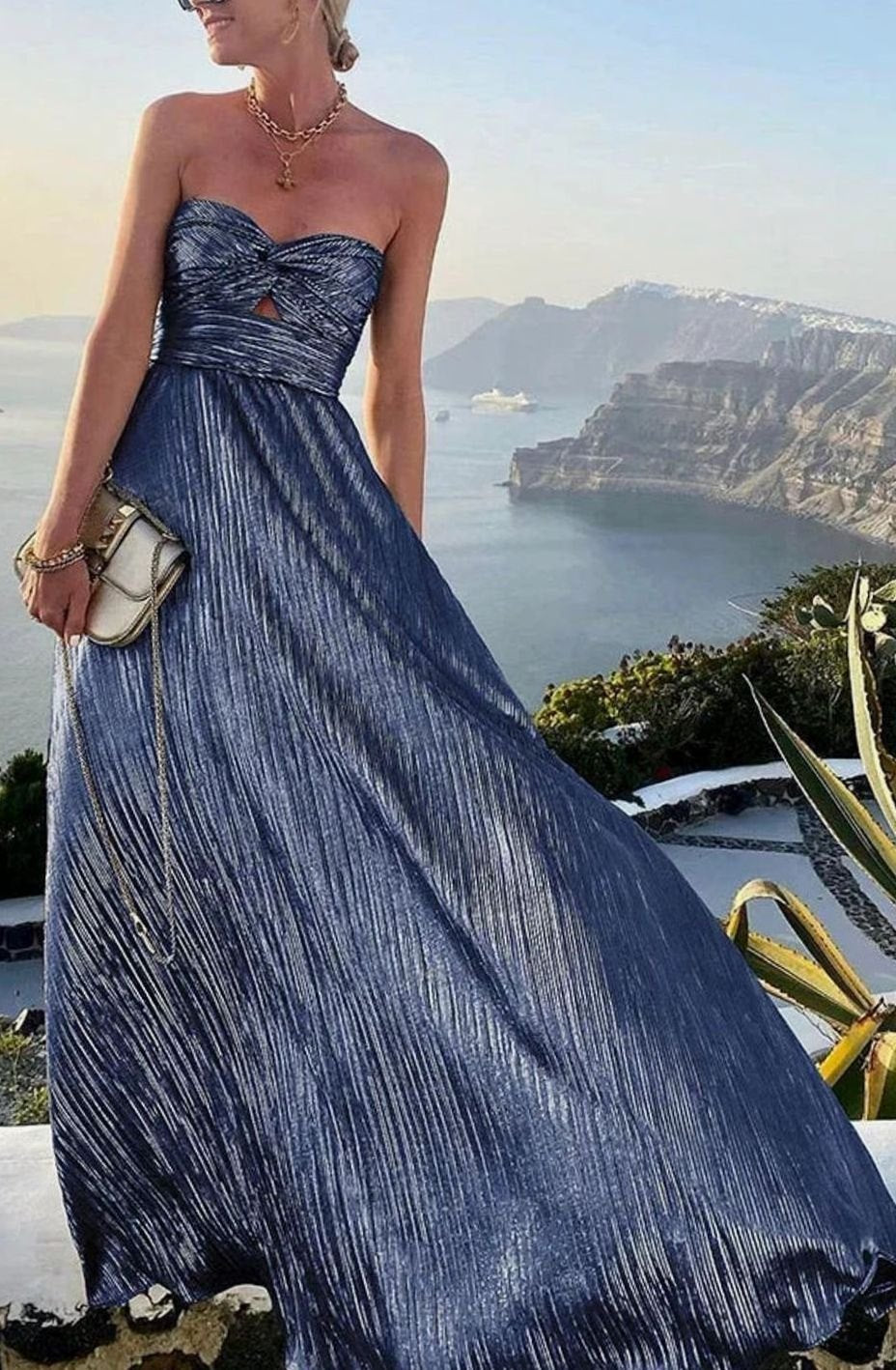 Women's Strapless Bustier Pleated Shimmer Wedding Guest Dress