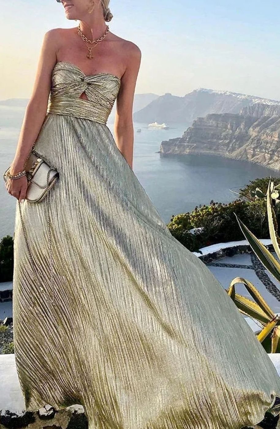 Women's Strapless Bustier Pleated Shimmer Wedding Guest Dress
