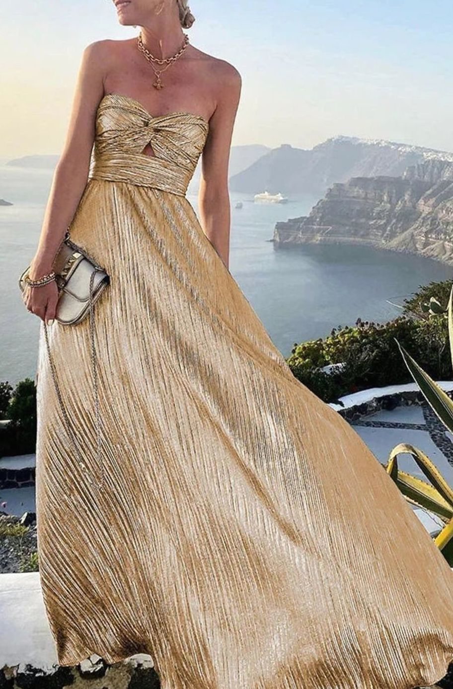 Women's Strapless Bustier Pleated Shimmer Wedding Guest Dress