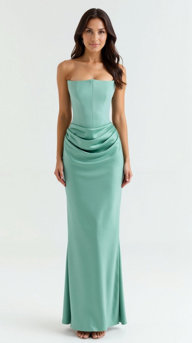 Women's Strapless Corset-Bodice Wedding Guest Dress Satin Maxi - Mint green
