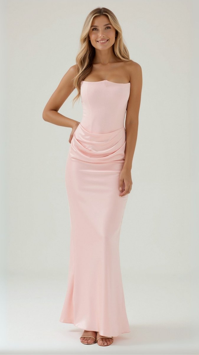 Women's Strapless Corset-Bodice Wedding Guest Dress Satin Maxi - Pink