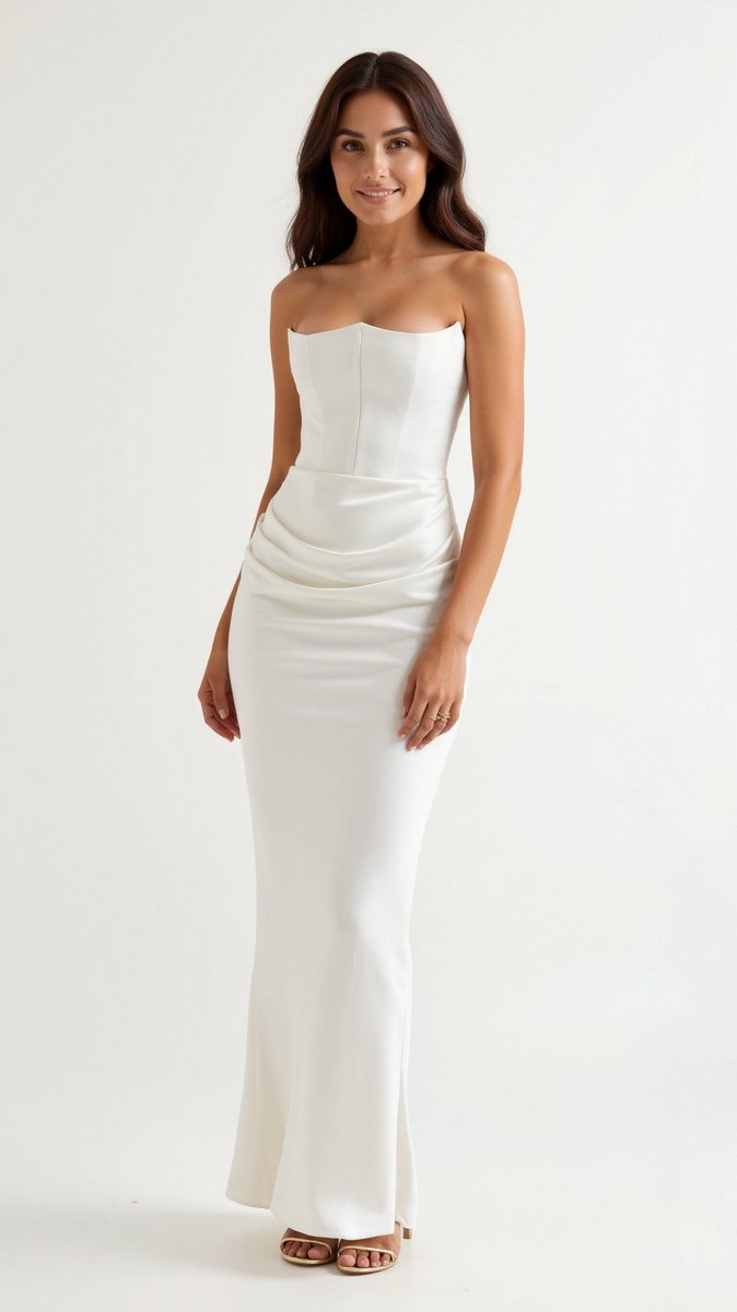 Women's Strapless Corset-Bodice Wedding Guest Dress Satin Maxi - White