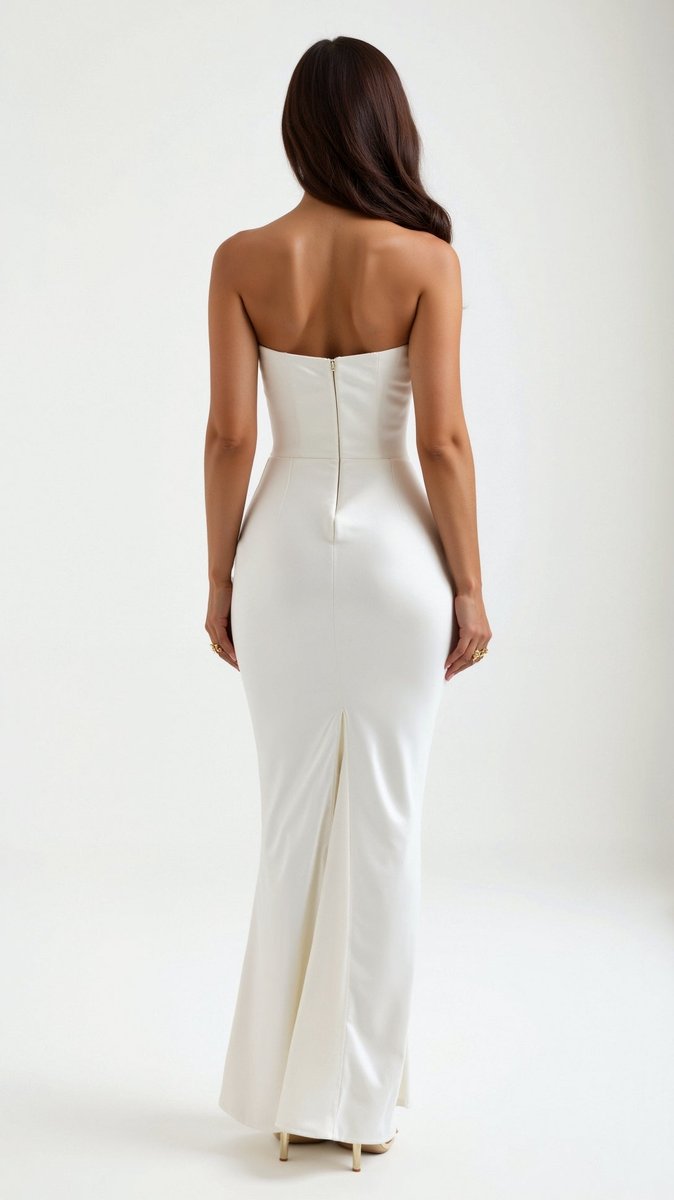 Women's Strapless Corset-Bodice Wedding Guest Dress Satin Maxi
