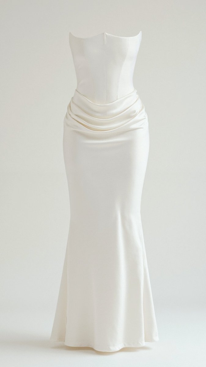 Women's Strapless Corset-Bodice Wedding Guest Dress Satin Maxi