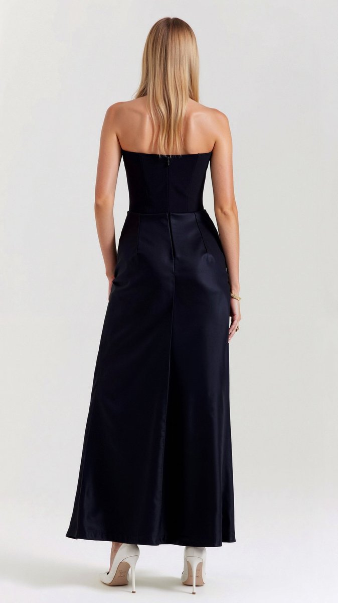Women's Strapless Corset-Bodice Wedding Guest Dress Satin Maxi