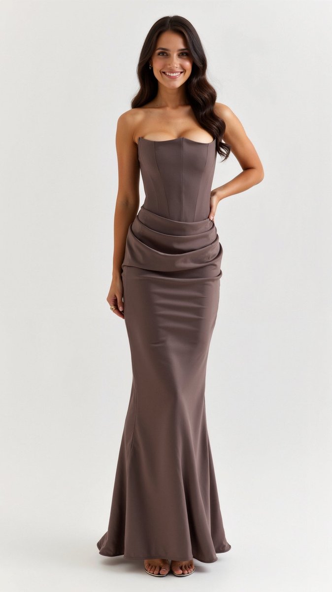 Women's Strapless Corset-Bodice Wedding Guest Dress Satin Maxi - Caramel