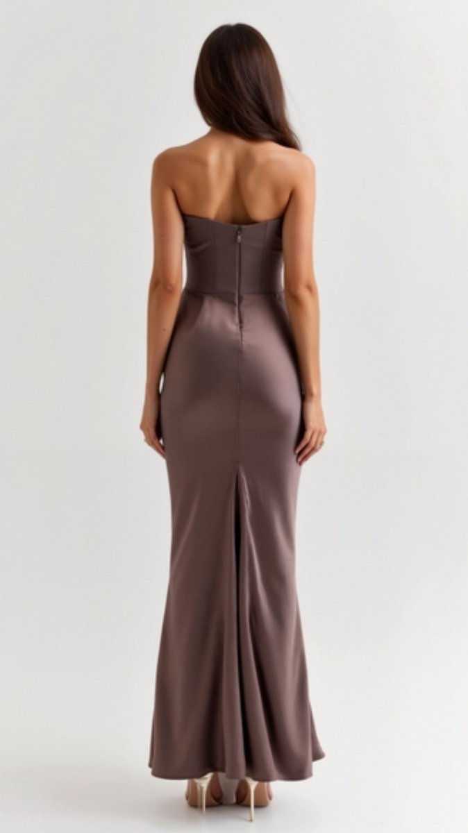 Women's Strapless Corset-Bodice Wedding Guest Dress Satin Maxi