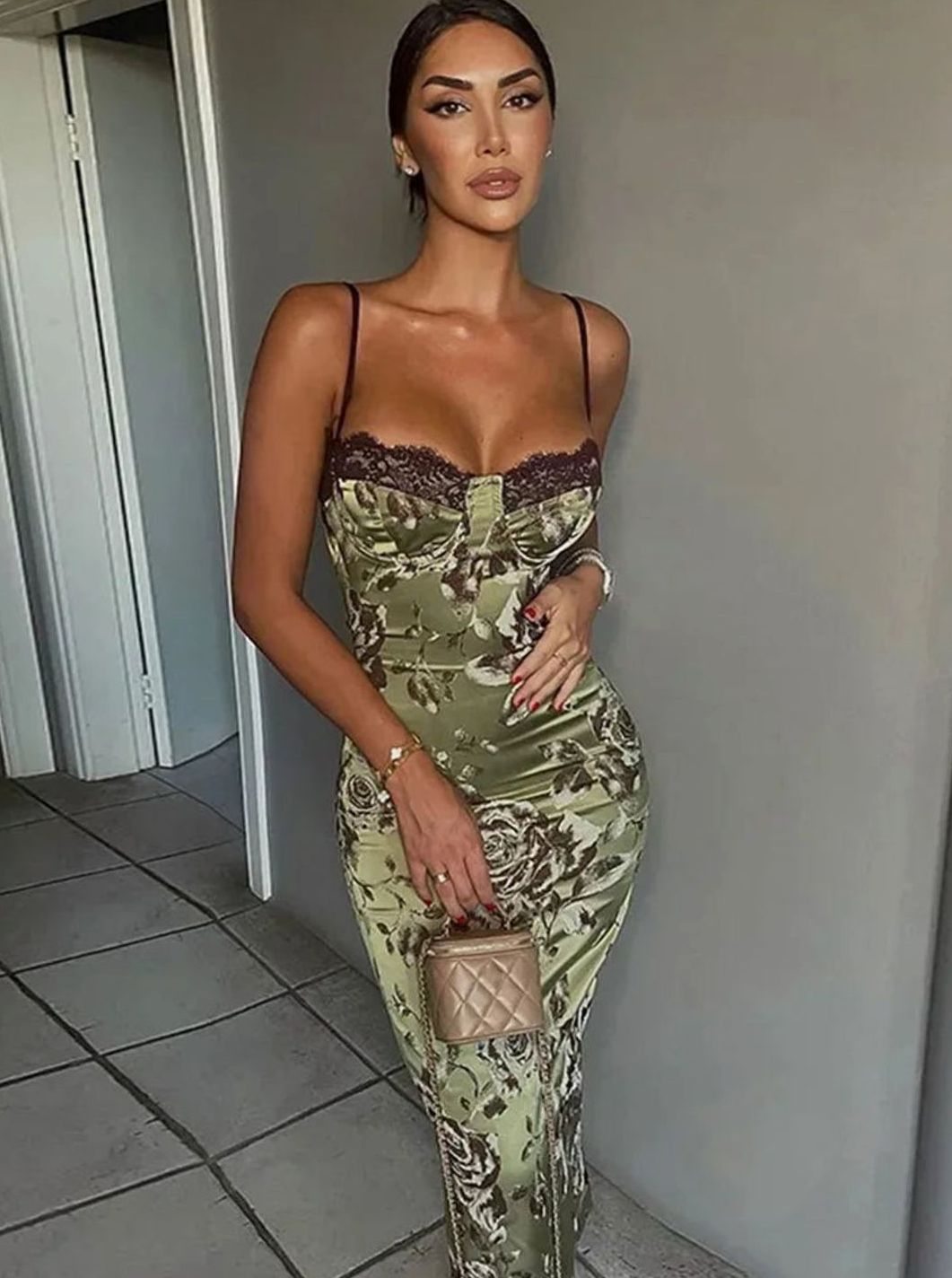 Women's Strapless Corset Bodycon Floral Maxi Dress - Green