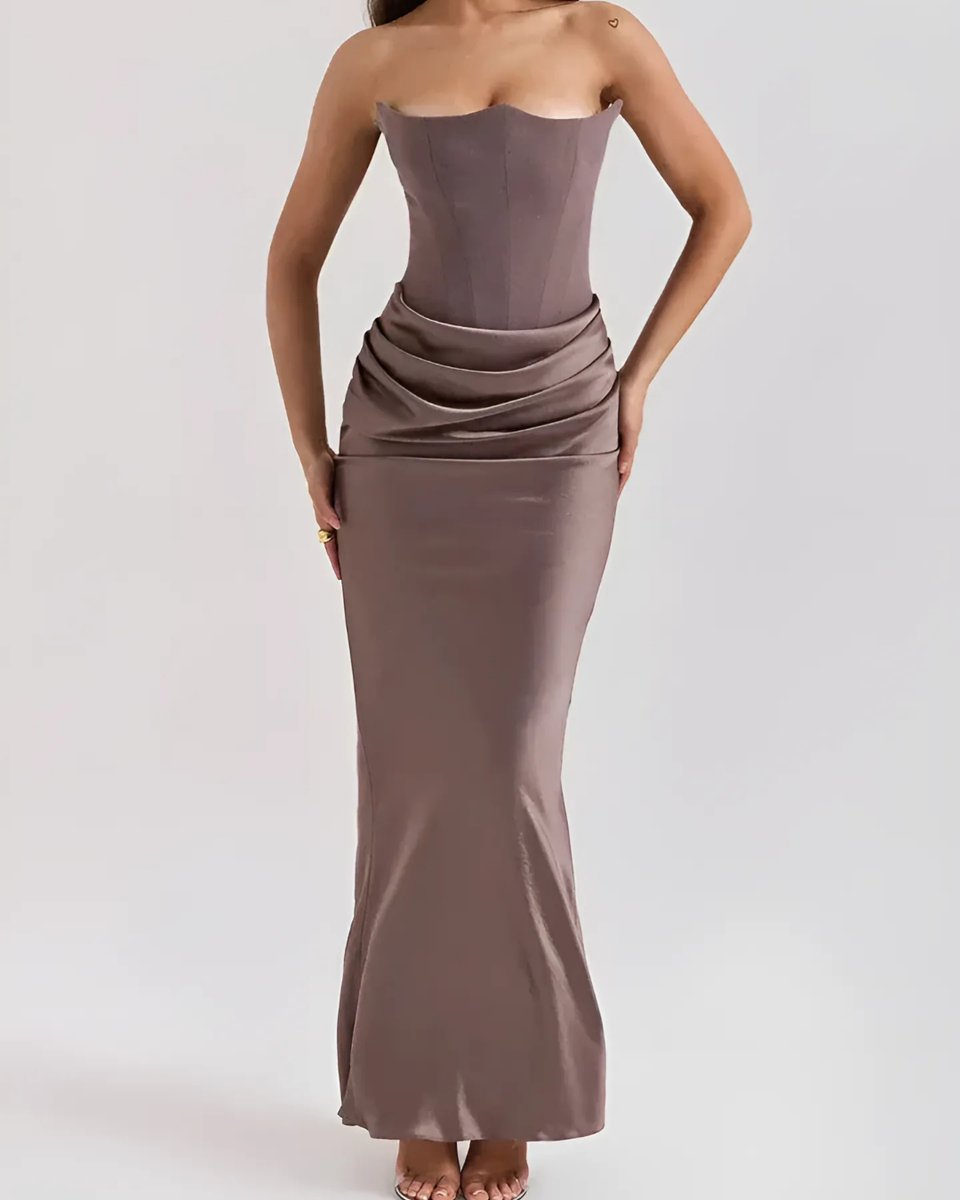 Women's Strapless Corset Draped Satin Wedding Guest Dress - Brown