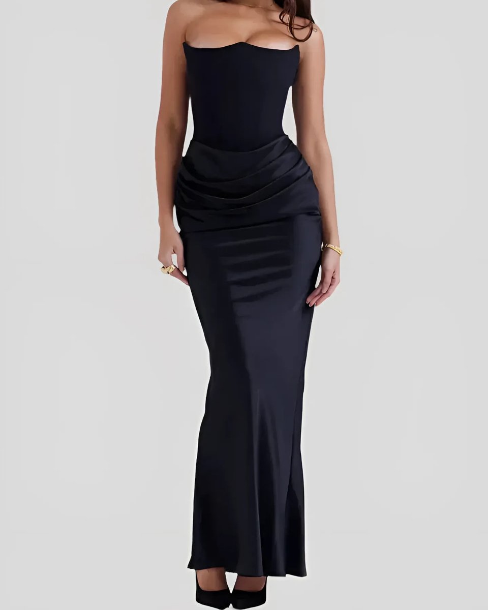 Women's Strapless Corset Draped Satin Wedding Guest Dress - Black