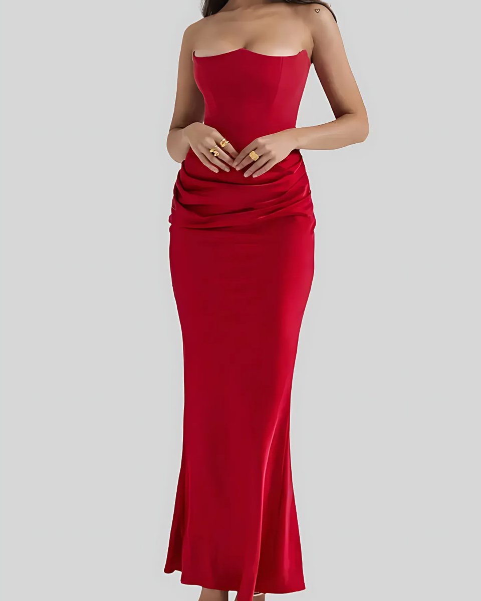 Women's Strapless Corset Draped Satin Wedding Guest Dress - Red