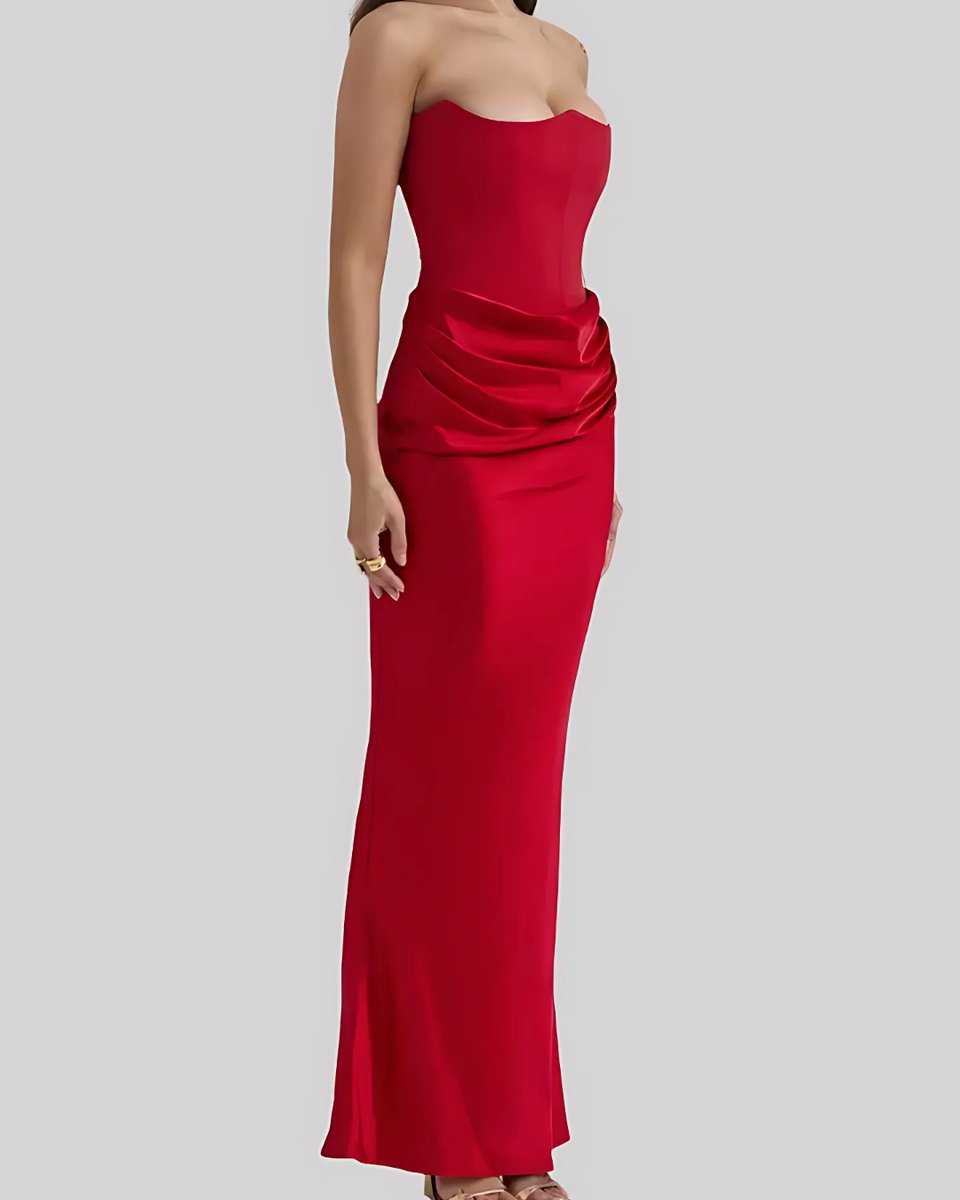 Women's Strapless Corset Draped Satin Wedding Guest Dress