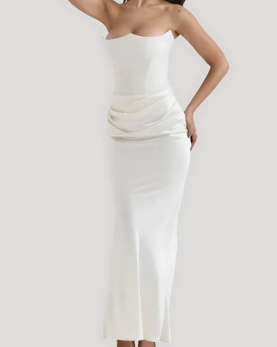 Women's Strapless Corset Draped Satin Wedding Guest Dress