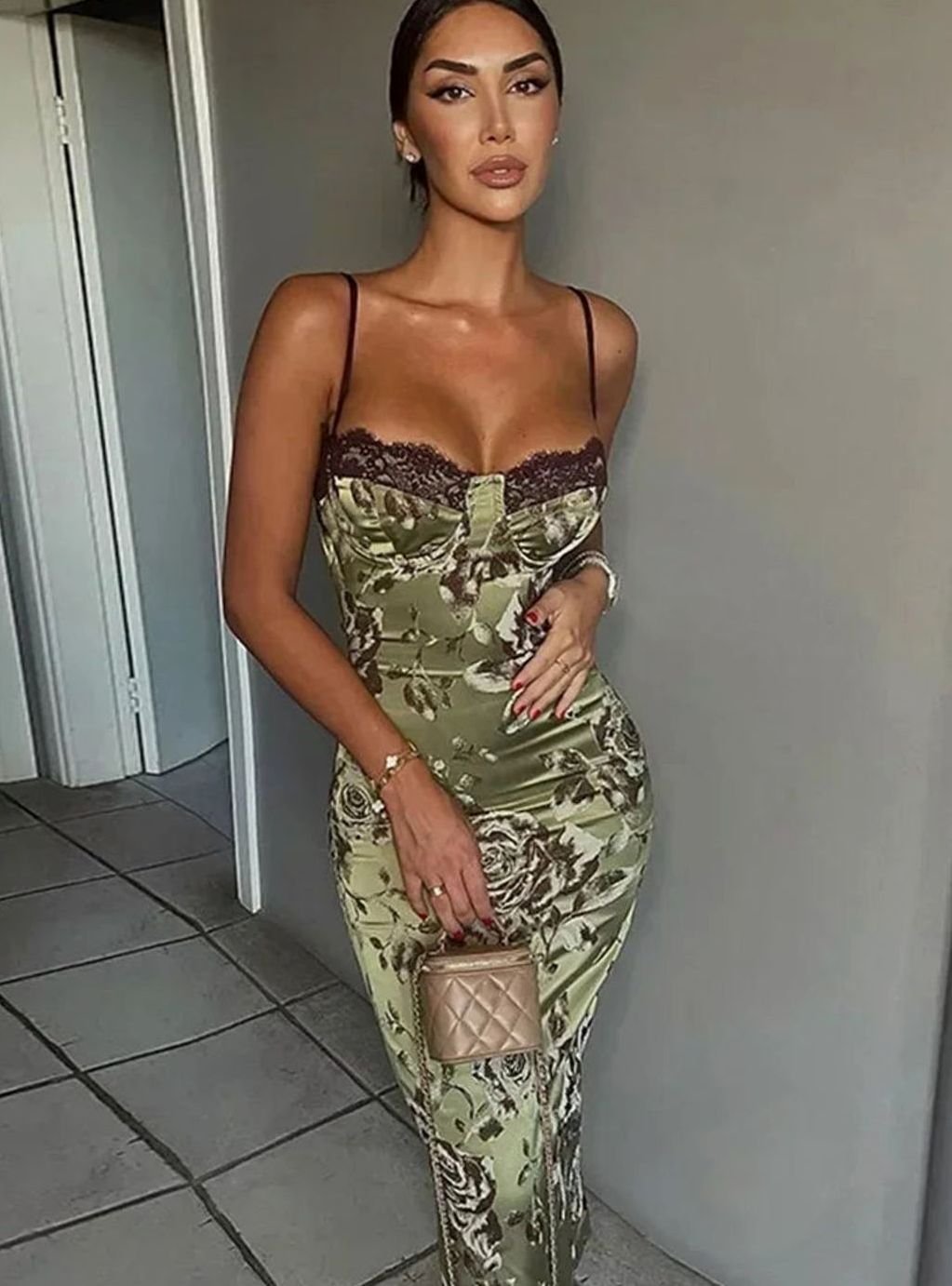 Women's Strapless Corset Floral Bodycon Midi Dress - Green