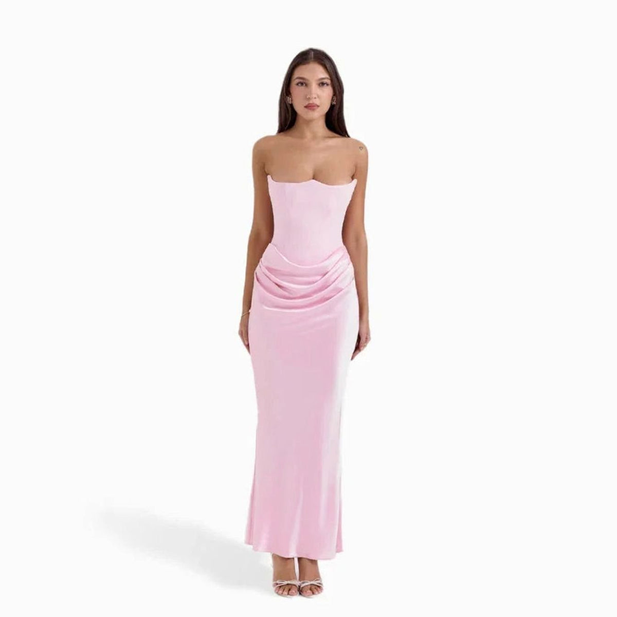 Women's Strapless Draped Corset Maxi Wedding Guest Dress - Pink