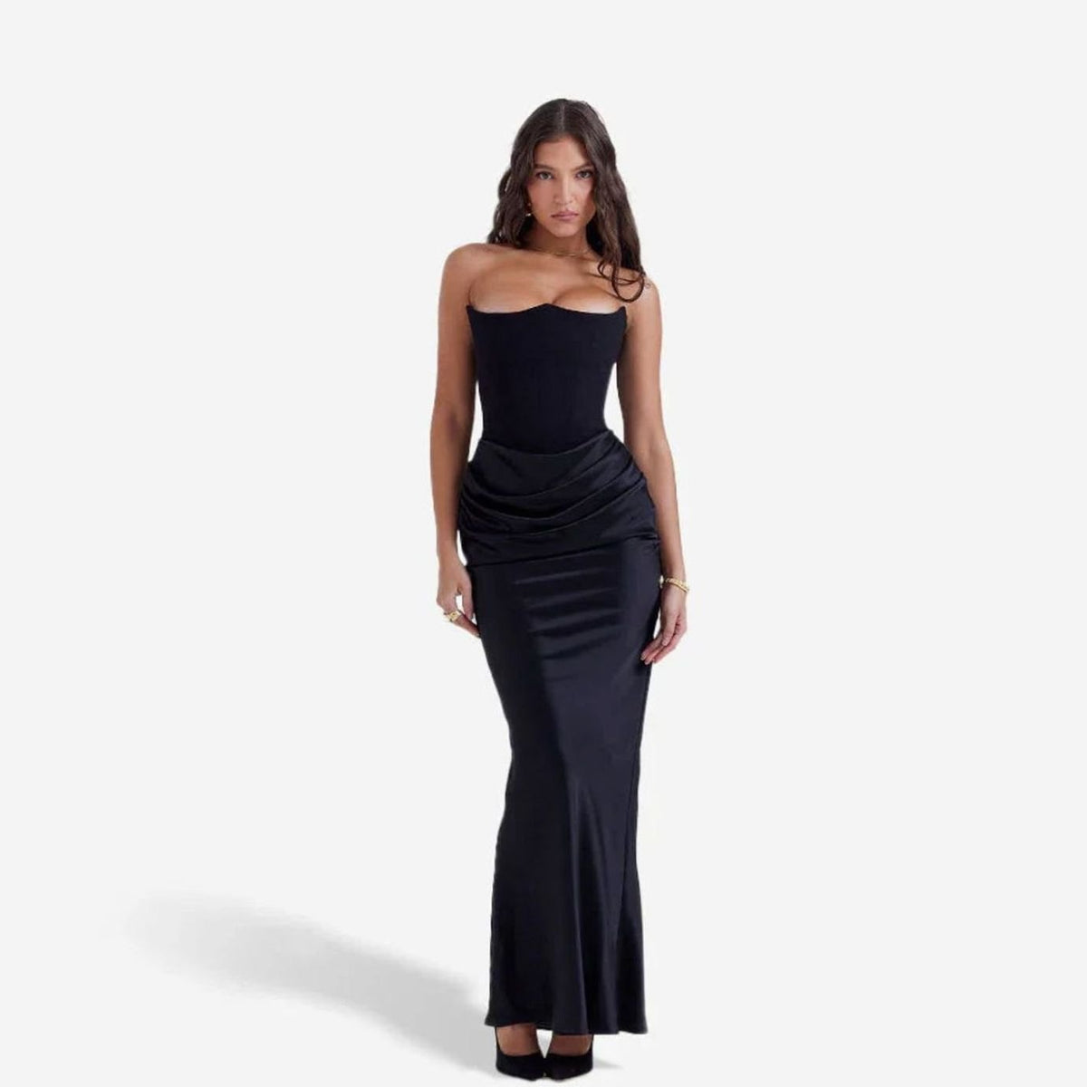 Women's Strapless Draped Corset Maxi Wedding Guest Dress - Black