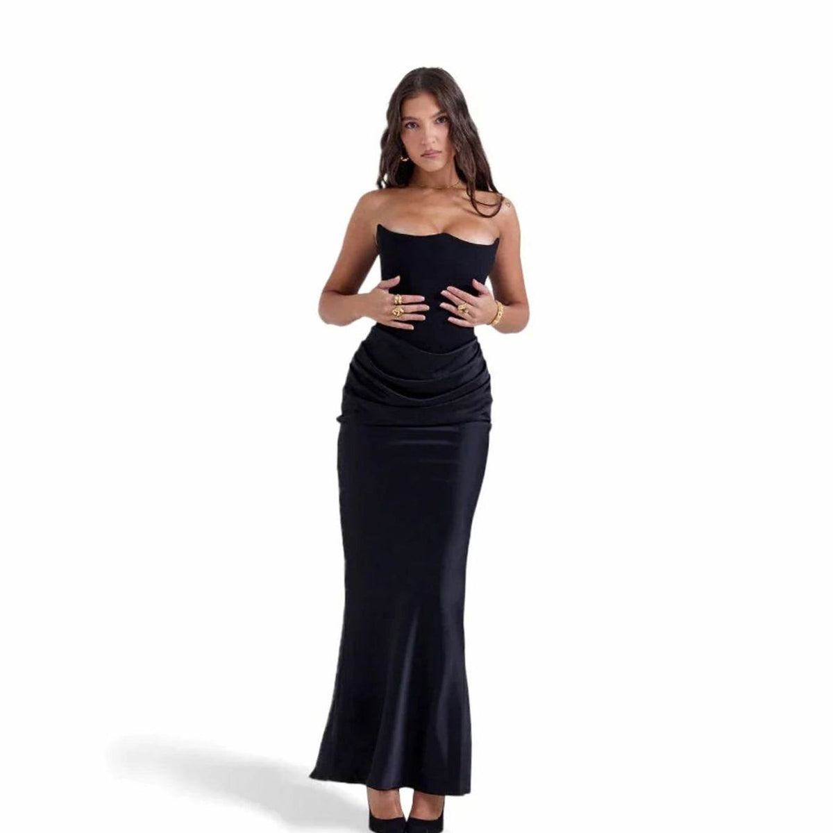 Women's Strapless Draped Corset Maxi Wedding Guest Dress