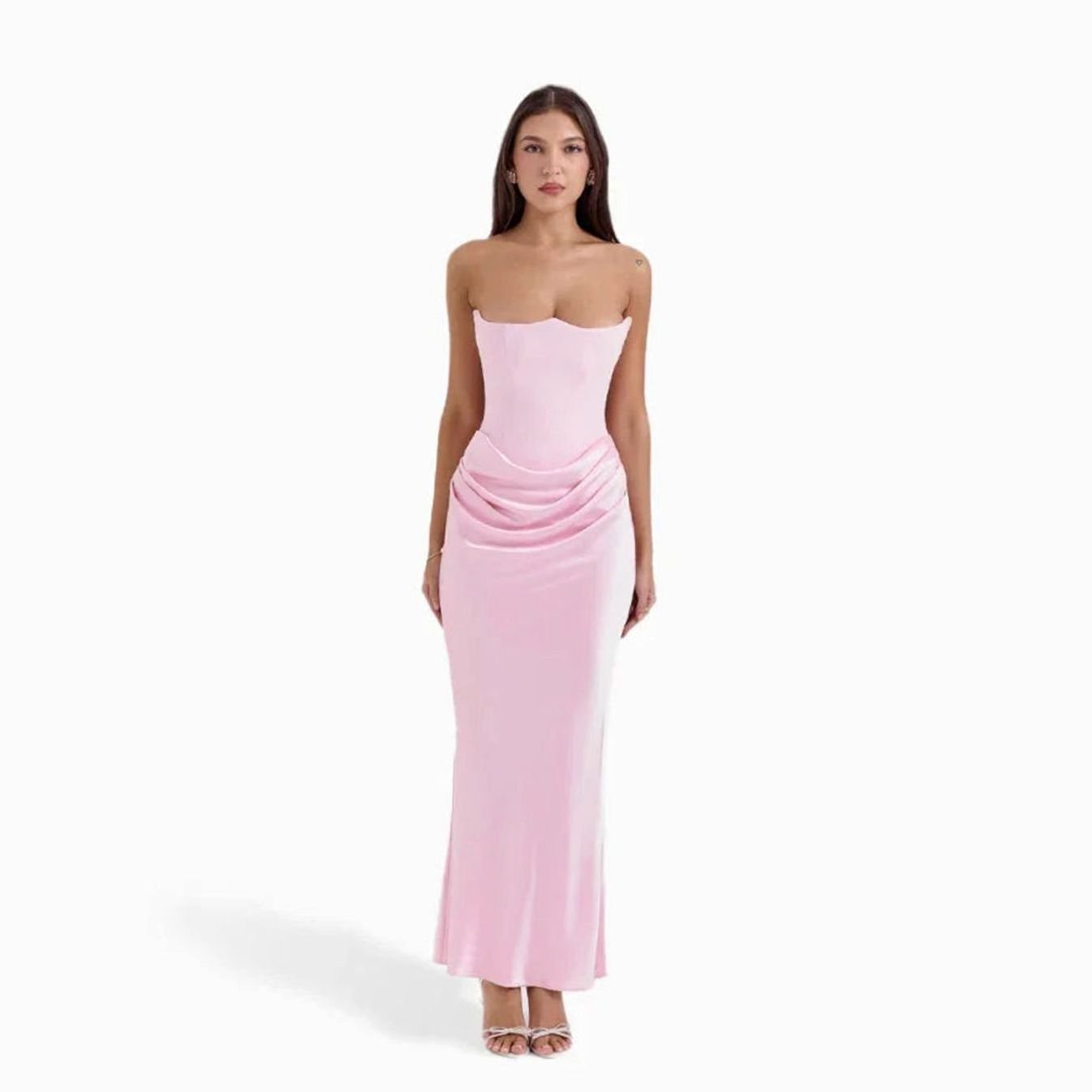 Women's Strapless Draped Corset Maxi Wedding Guest Dress, Pink - Pink
