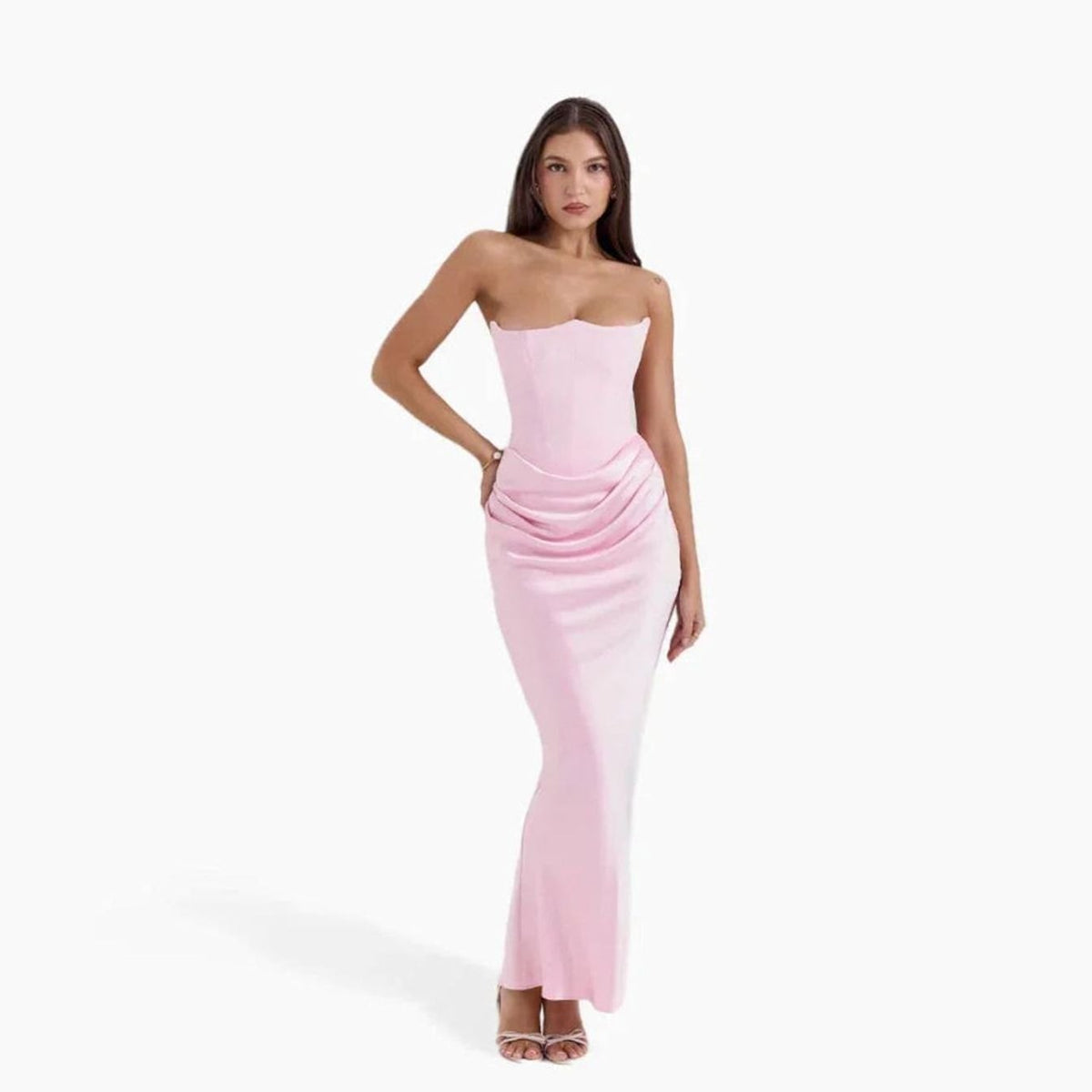 Women's Strapless Draped Corset Maxi Wedding Guest Dress, Pink