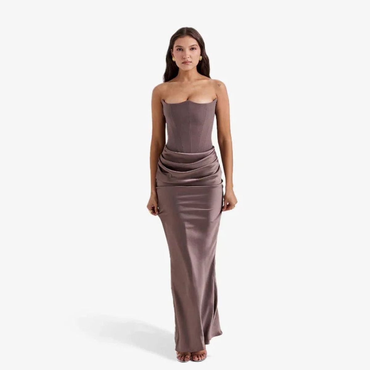 Women's Strapless Draped Corset Maxi Wedding Guest Dress, Pink - Brown