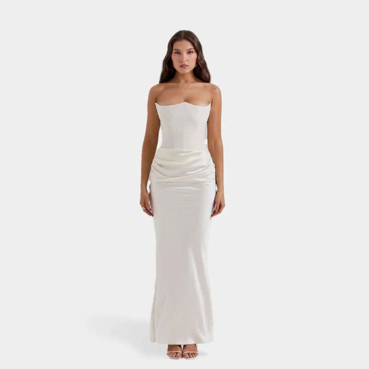 Women's Strapless Draped Corset Maxi Wedding Guest Dress, Pink - White