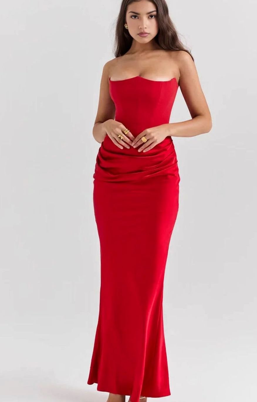 Women's Strapless Draped Satin Maxi Wedding Guest Dress