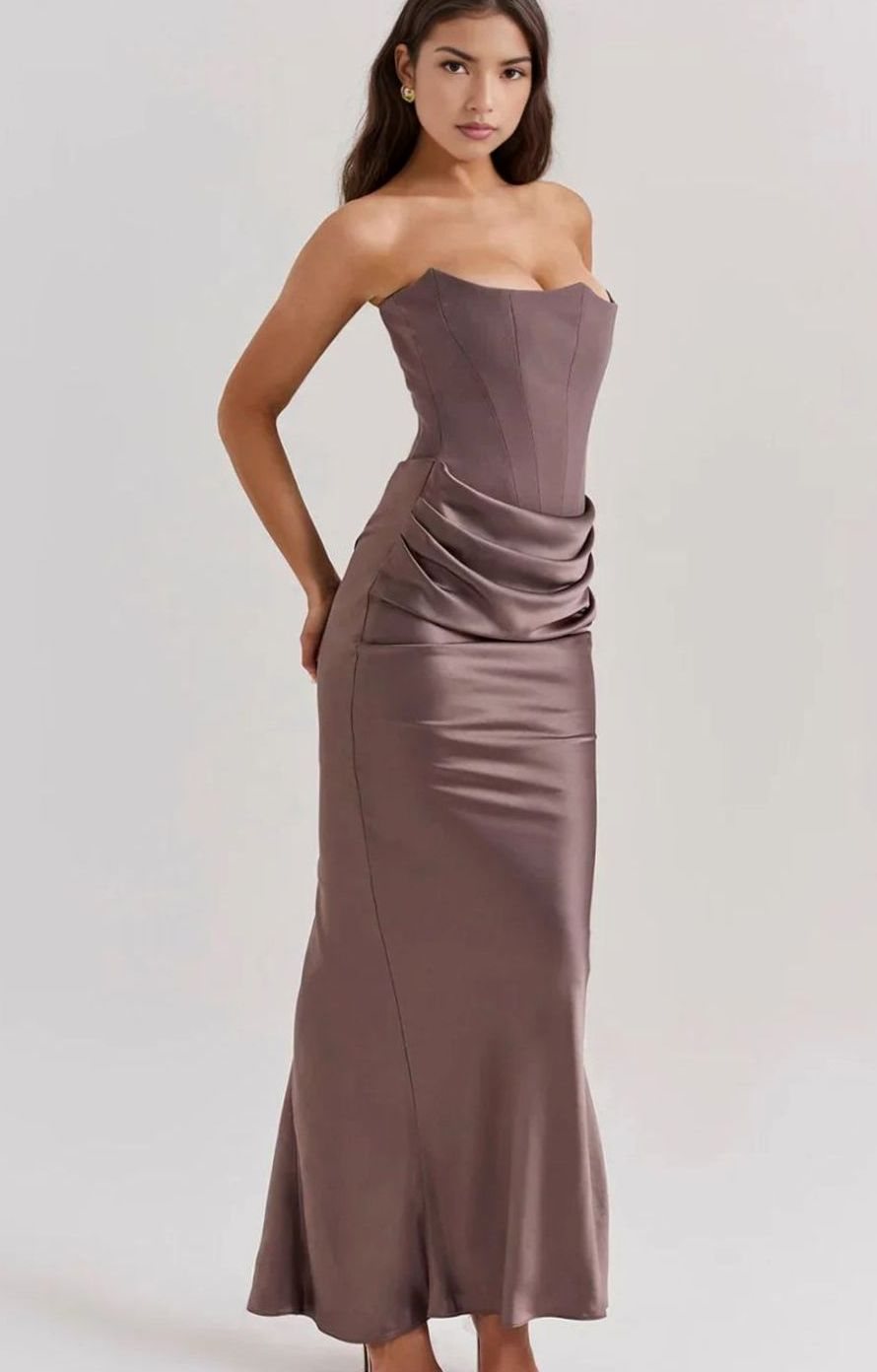 Women's Strapless Draped Satin Maxi Wedding Guest Dress