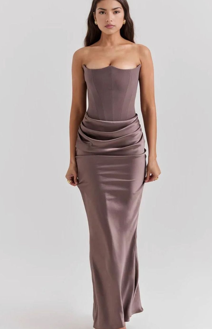 Women's Strapless Draped Satin Maxi Wedding Guest Dress - Brown