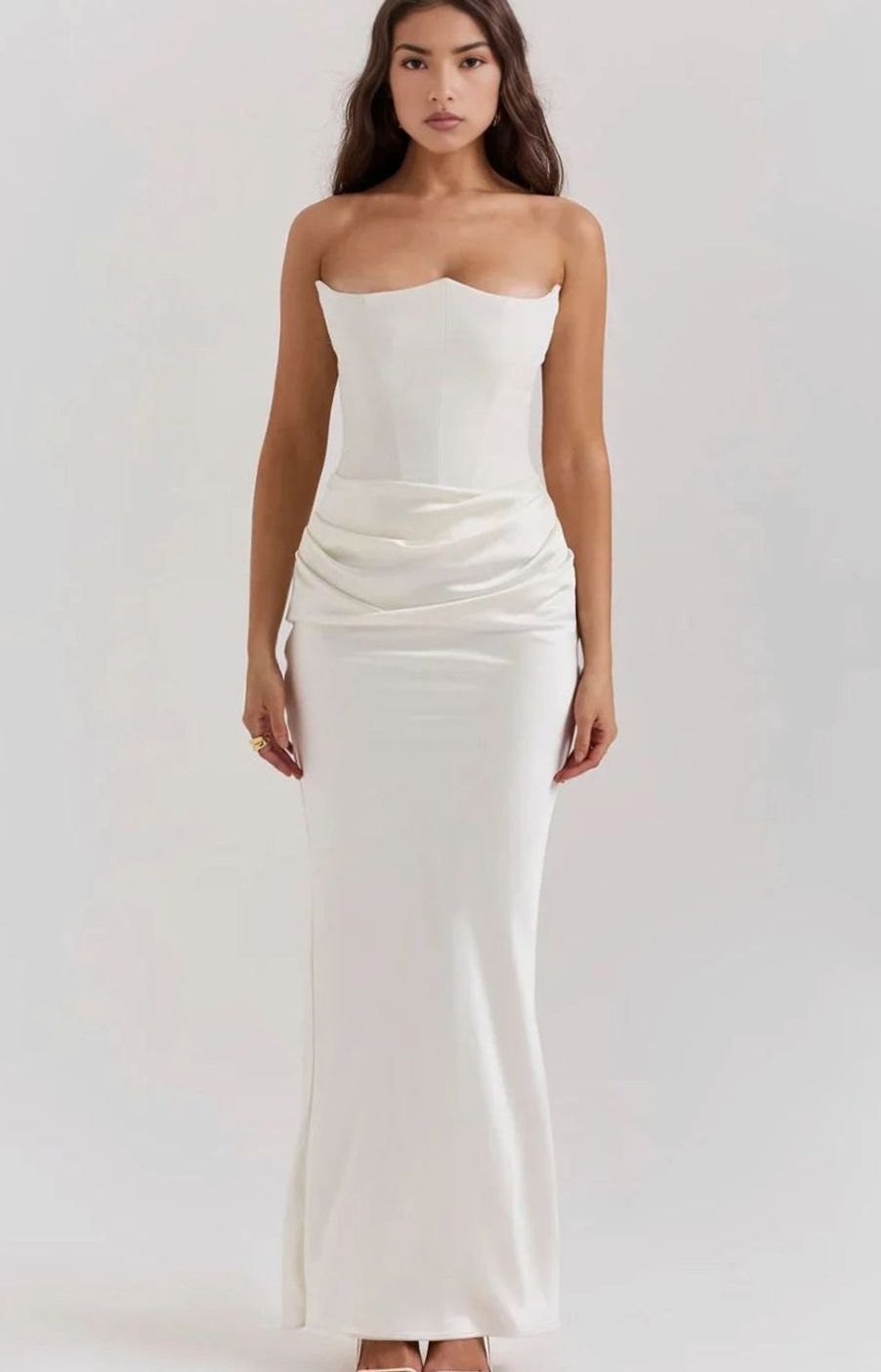 Women's Strapless Draped Satin Maxi Wedding Guest Dress