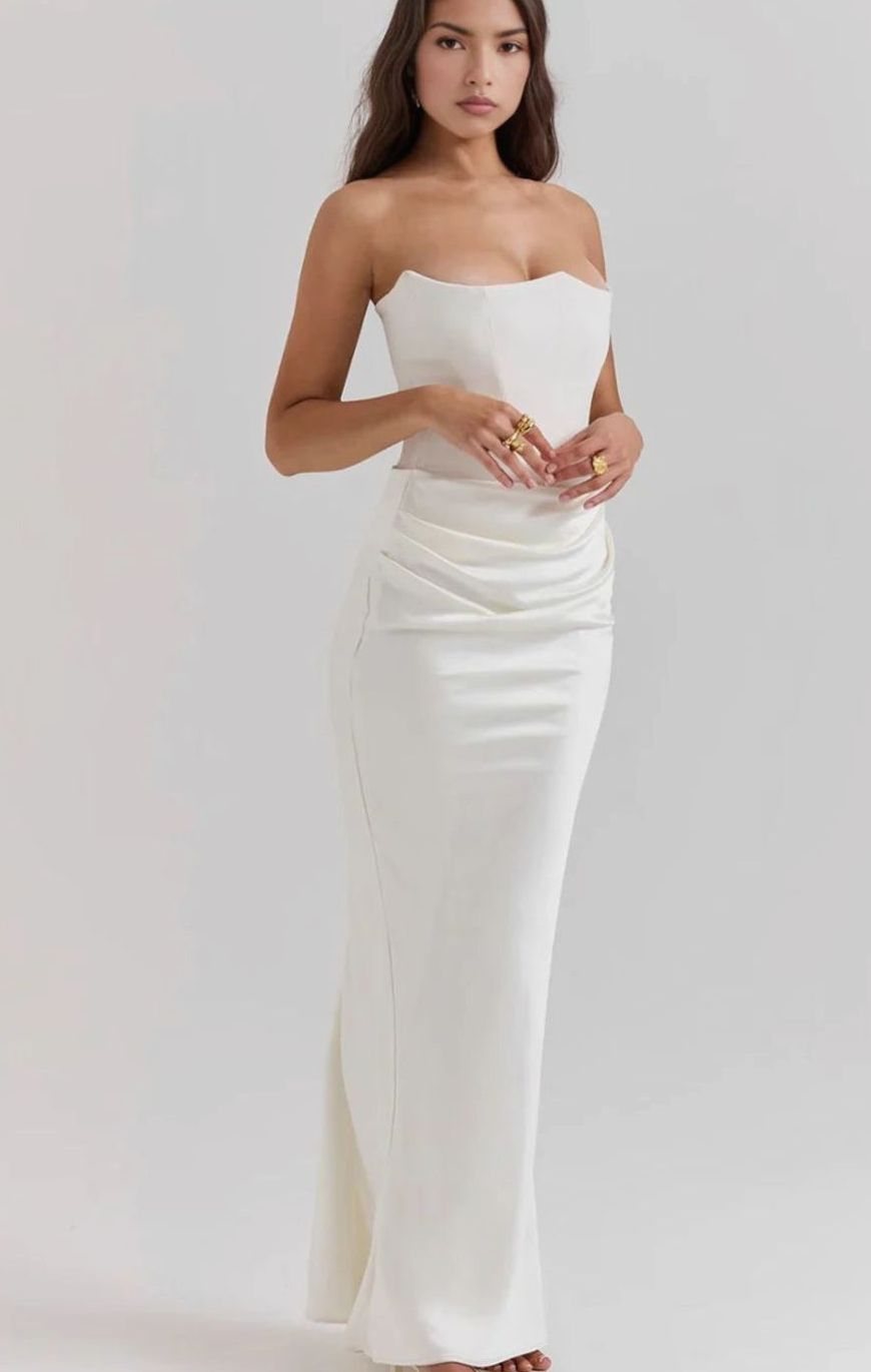 Women's Strapless Draped Satin Maxi Wedding Guest Dress