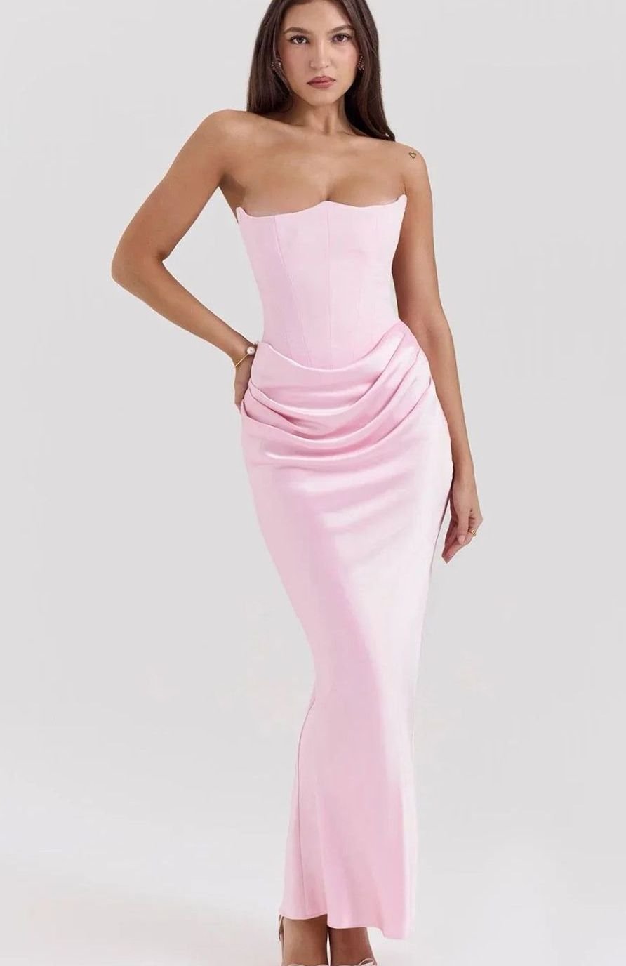 Women's Strapless Draped Satin Maxi Wedding Guest Dress - Pink