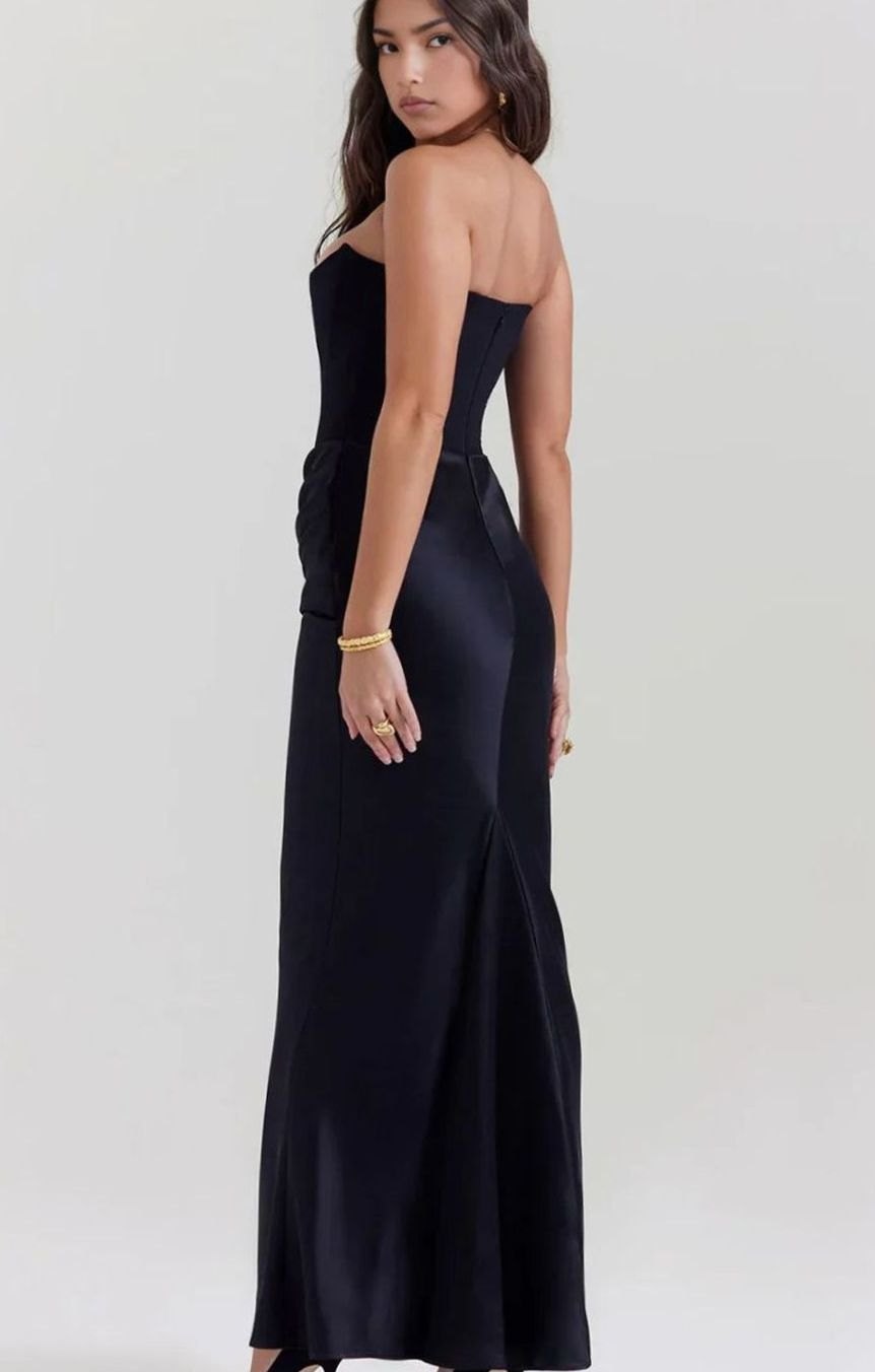 Women's Strapless Draped Satin Maxi Wedding Guest Dress