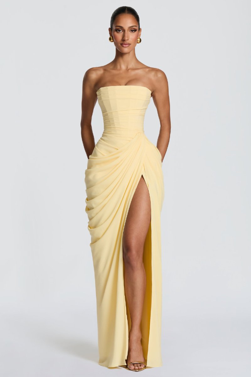 Women's Strapless Draped Slit Formal Evening Gown - Yellow