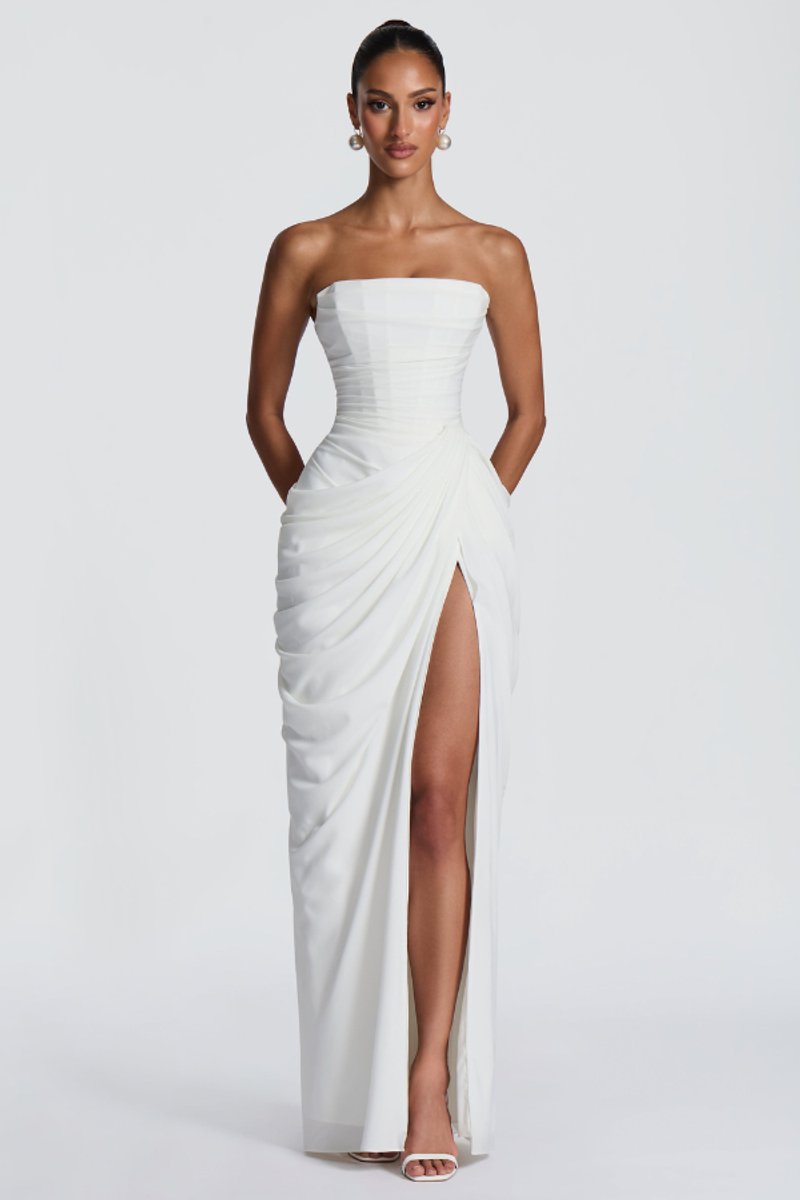 Women's Strapless Draped Slit Formal Evening Gown - White