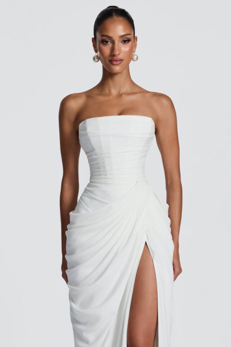 Women's Strapless Draped Slit Formal Evening Gown