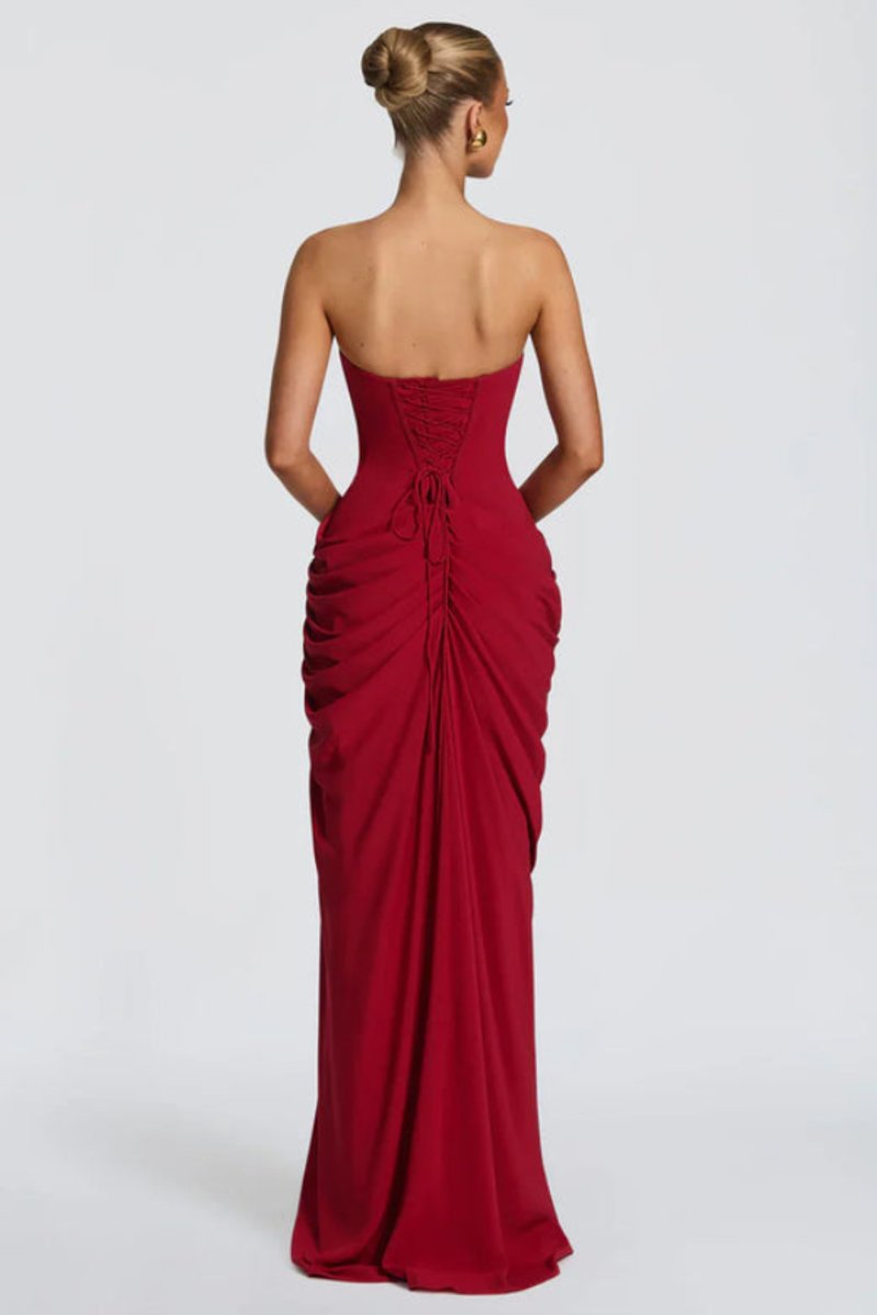 Women's Strapless Draped Slit Formal Evening Gown