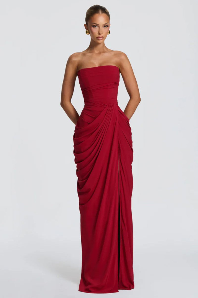 Women's Strapless Draped Slit Formal Evening Gown