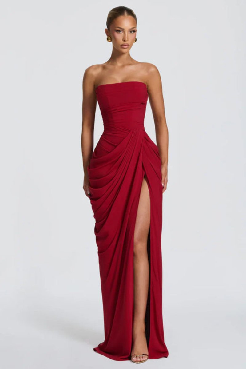 Women's Strapless Draped Slit Formal Evening Gown - Red