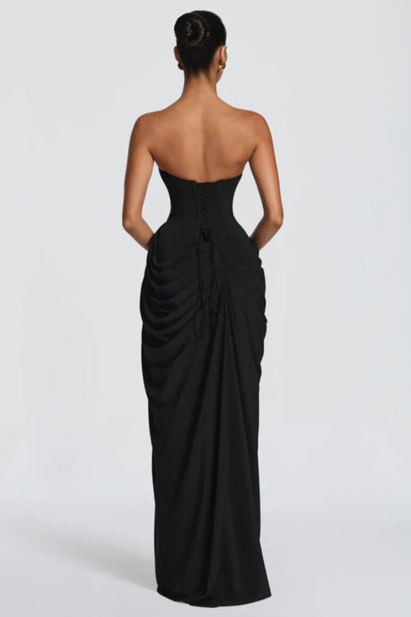 Women's Strapless Draped Slit Formal Evening Gown
