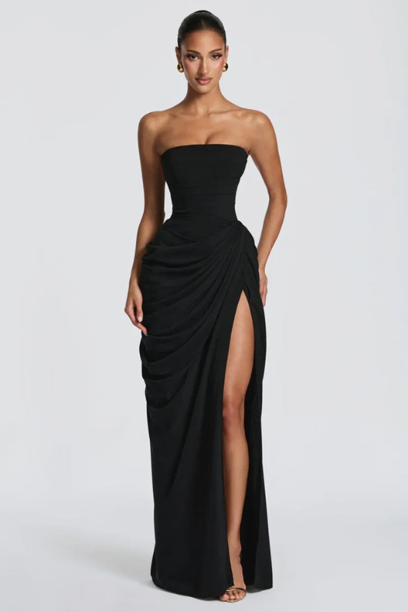 Women's Strapless Draped Slit Formal Evening Gown - Black