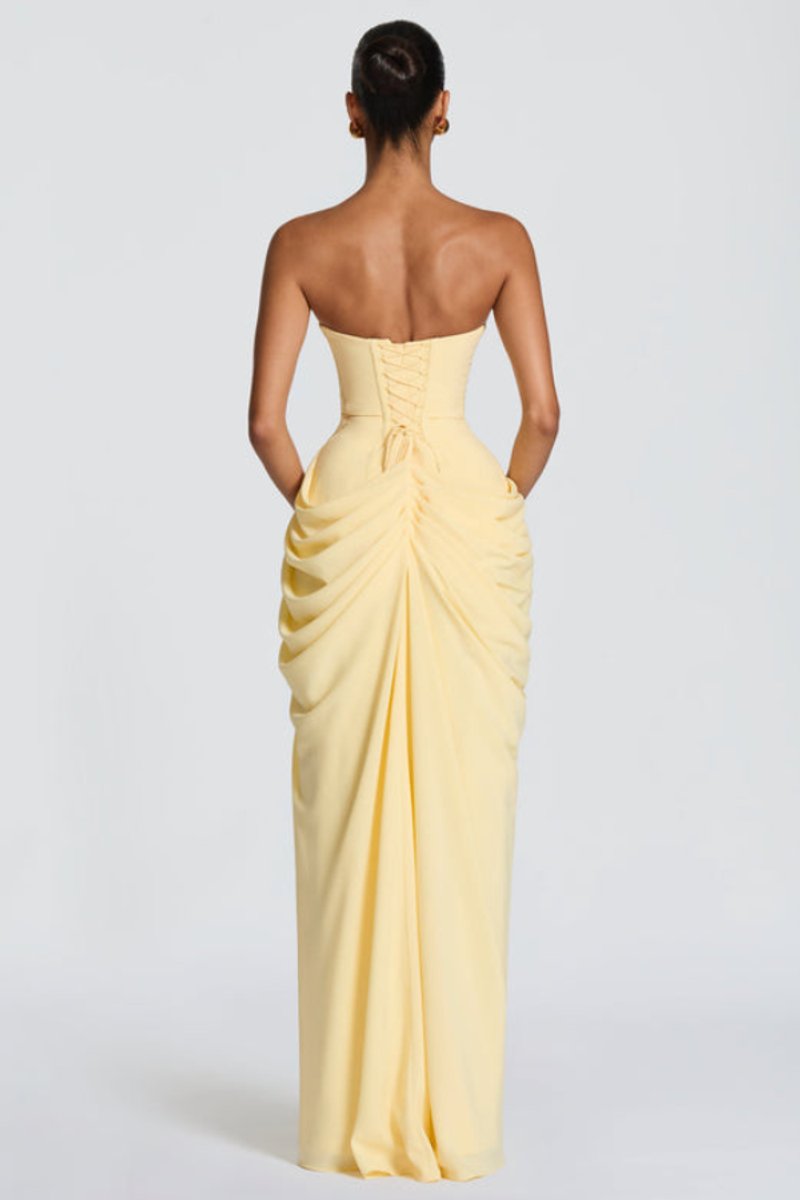 Women's Strapless Draped Slit Formal Evening Gown