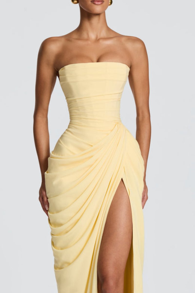 Women's Strapless Draped Slit Formal Evening Gown
