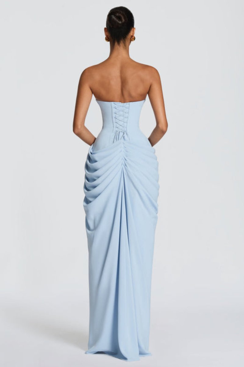 Women's Strapless Draped Slit Formal Evening Gown