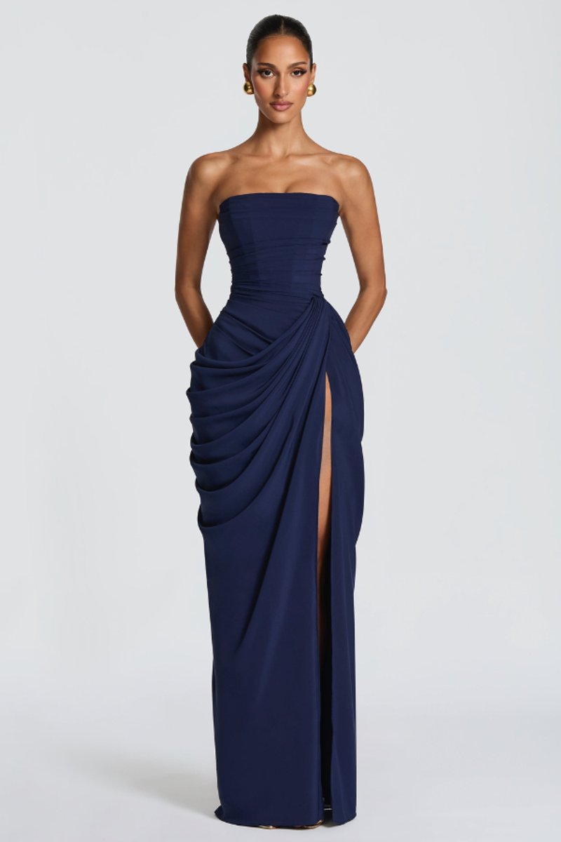 Women's Strapless Draped Slit Formal Evening Gown - Navy Blue