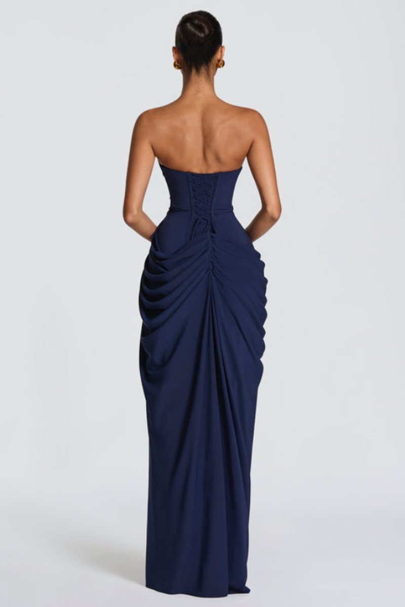 Women's Strapless Draped Slit Formal Evening Gown