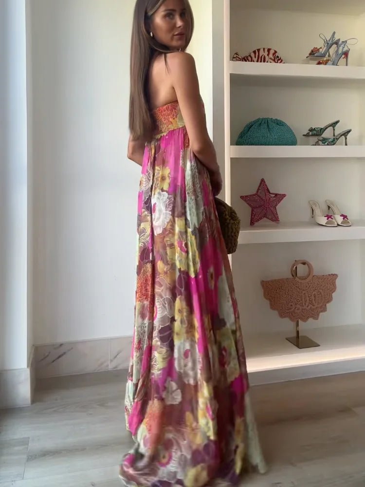 Women's Strapless Floral Maxi Wedding Guest Dress