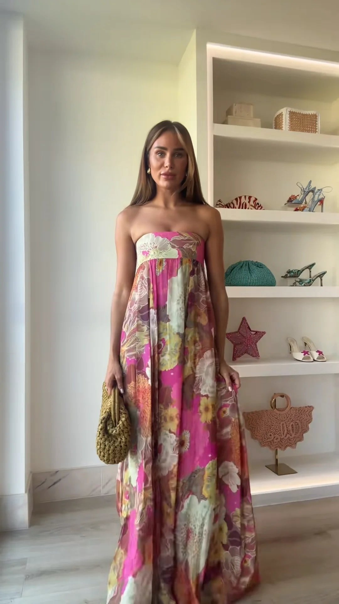 Women's Strapless Floral Maxi Wedding Guest Dress - Multicolor