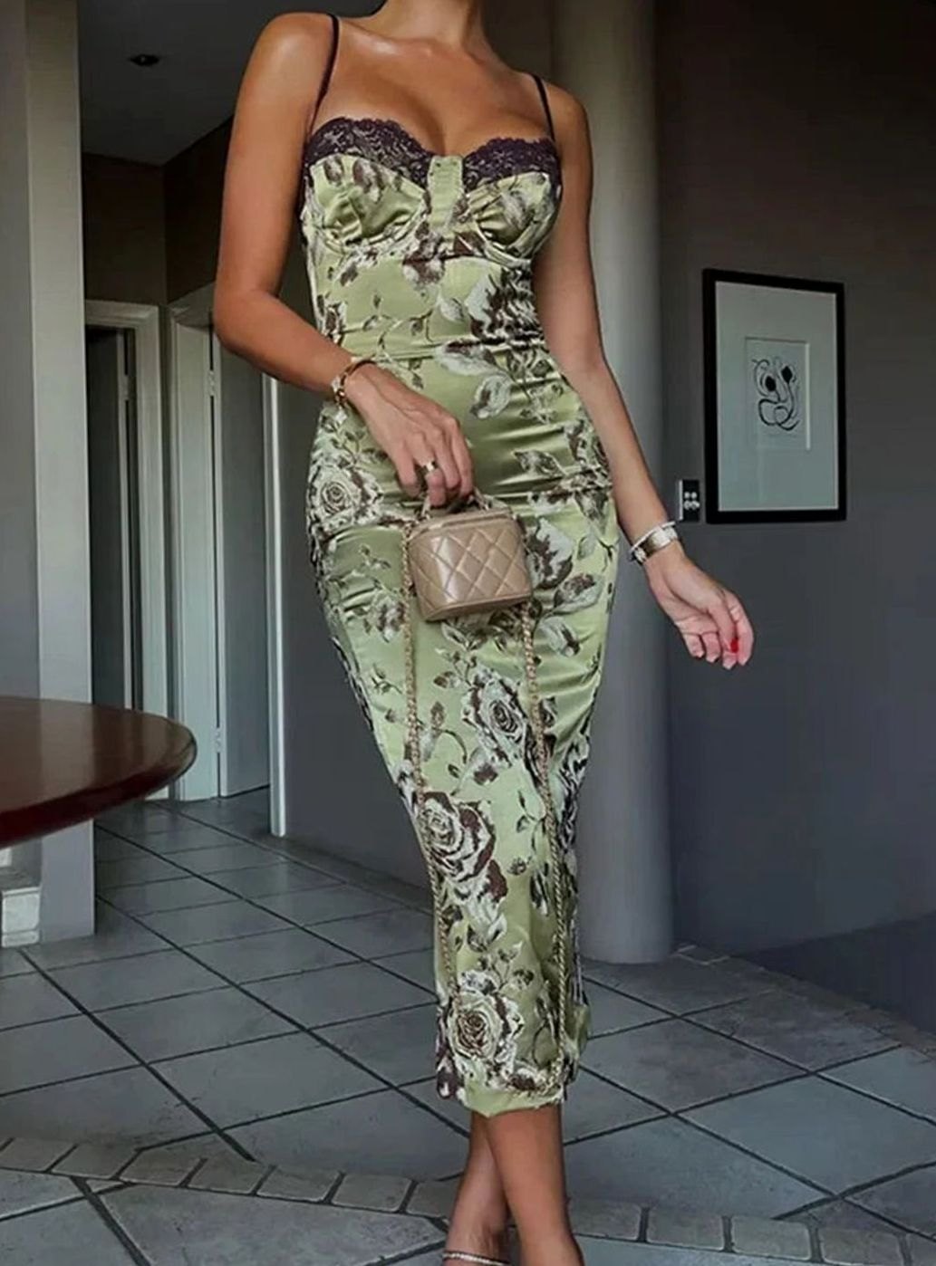 Women's Strapless Floral Satin Built-In Corset Midi Dress