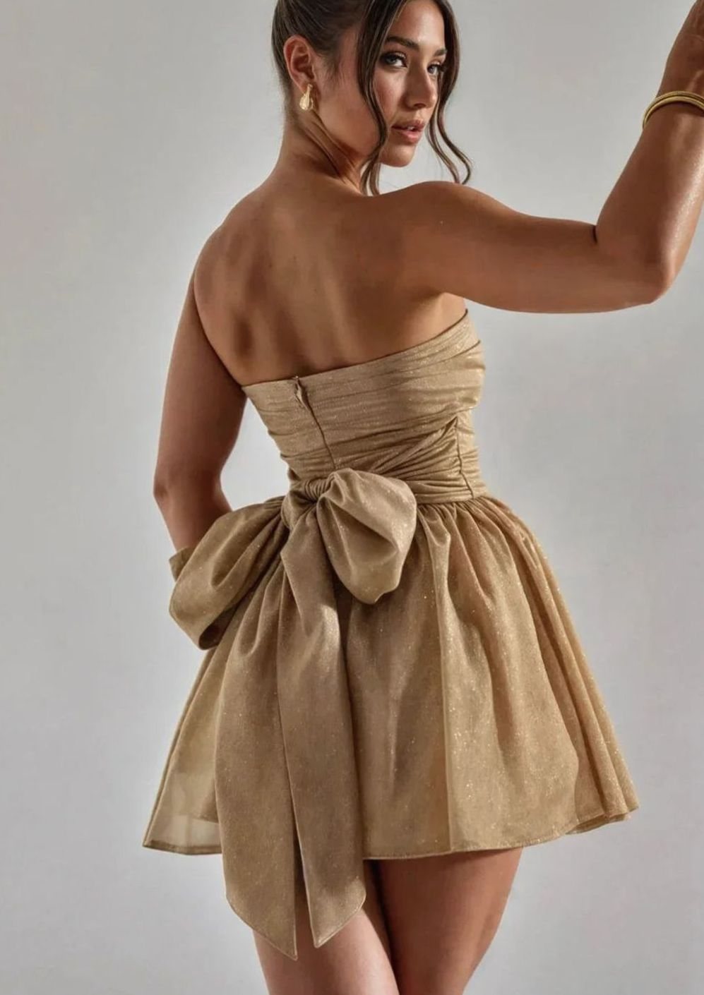 Women's Strapless Glitter Bandeau Mini Dress Back Bow