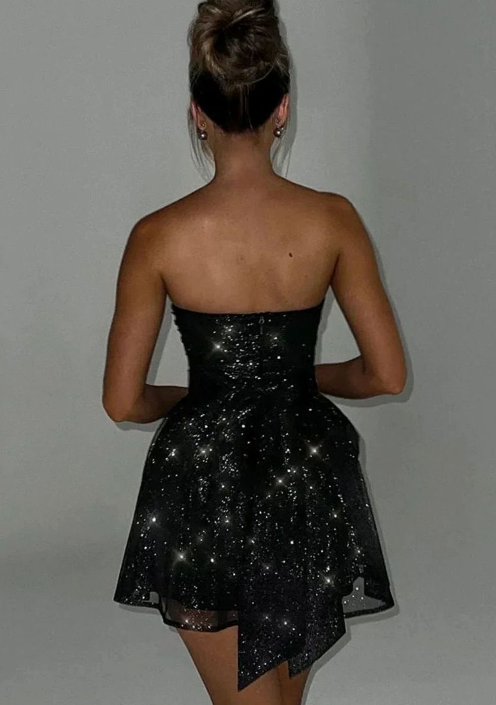 Women's Strapless Glitter Bandeau Mini Dress Back Bow